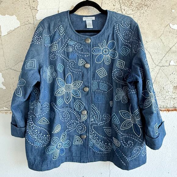 Vintage Embroidered Denim Jacket Boho Western Floral Women’s XL Drapers & Damons - Picture 1 of 8